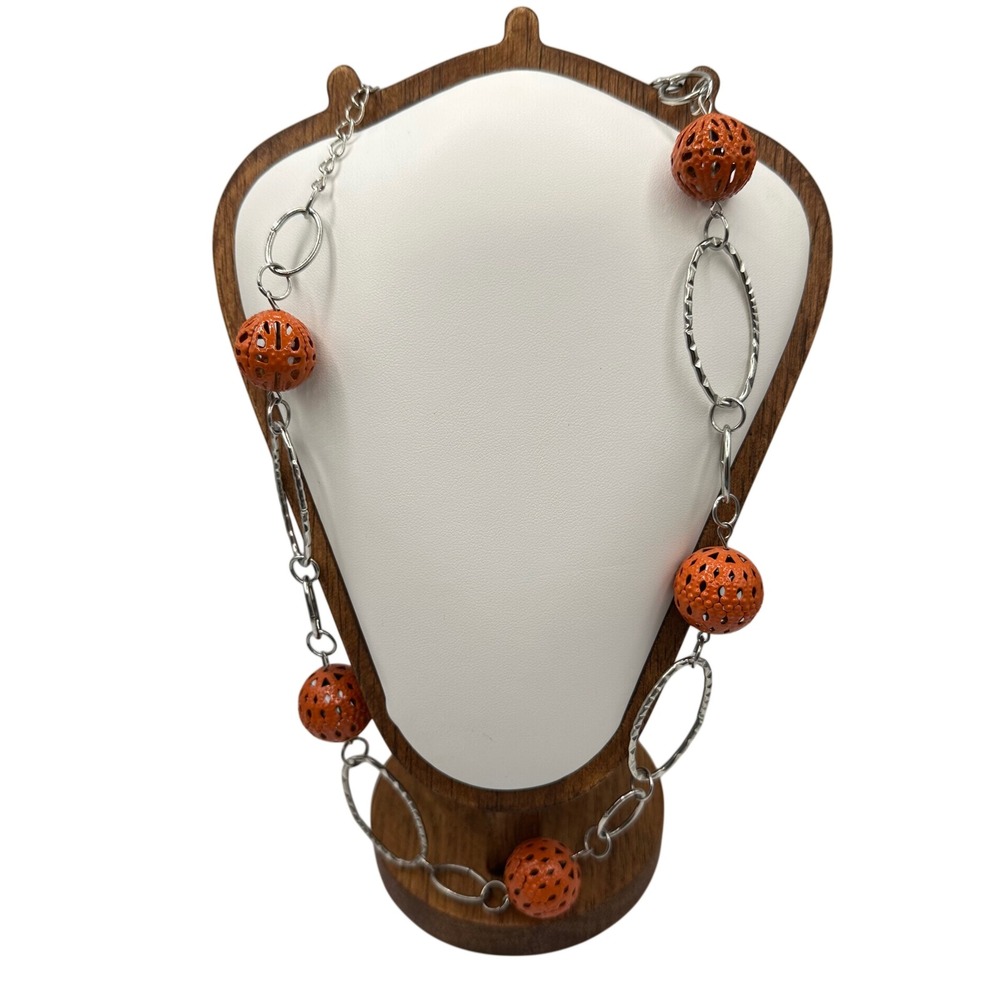 VTG Orange Filigree‎ Chunky Bead Silver Tone Hammered Link Long Necklace 34"